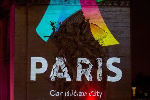 FRANCE, Paris: The logo for Paris as a candidate for the 2024 Olympics Games is projected onto the Arc de Triomphe in Paris on February 9, 2016.