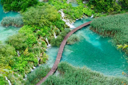 Bird view of beautiful waterfalls in Plitvice Lakes, National Park of Croatia