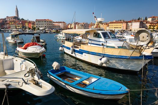 Boats in marina of Rovinj, Istria, Croatia. Typical mediterranean seaside town.