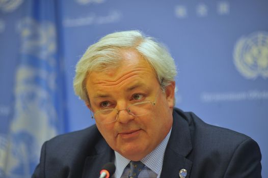 USA, New York: Stephen O'Brien, the United Nations Under-Secretary-General for Humanitarian Affairs, speaks at a press conference at the UN headquarters in New York City on February 9, 2016. The conference is held for the launch of Secretary-General Ban Ki-Moon's report on the upcoming, first-ever World Humanitarian Summit, to be held in Istanbul on May 23 and 24, 2016.