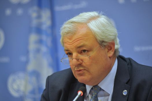 USA, New York: Stephen O'Brien, the United Nations Under-Secretary-General for Humanitarian Affairs, speaks at a press conference at the UN headquarters in New York City on February 9, 2016. The conference is held for the launch of Secretary-General Ban Ki-Moon's report on the upcoming, first-ever World Humanitarian Summit, to be held in Istanbul on May 23 and 24, 2016.