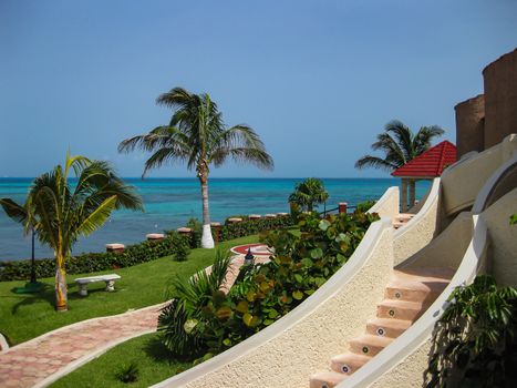 A view of the lovely blue waters in the Gulf of Mexico from a Hotel grounds on the Isla Mujeres near Cancun, Mexico.
Photo taken on: June 27th, 2008