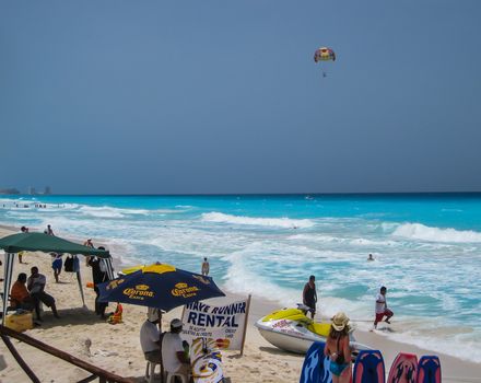 A busy beach in Cancun, Mexico.