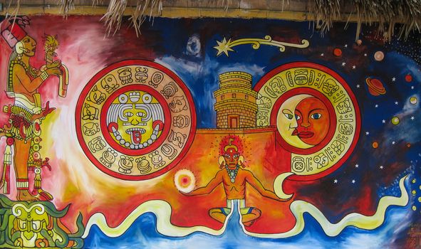 A wall mural depicting an ancient Mayan ideas about the heavens in Yucatan, Mexico.
Photo taken on: June 30th, 2008