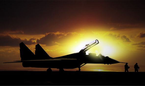 Fighter jet under sunset on super carrier at sea