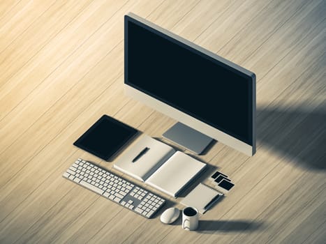 High angle view of a setting table of business workplace, shot in office, home work space