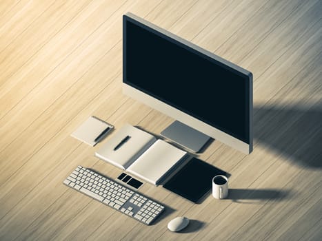 High angle view of a setting table of business workplace, shot in office, home work space