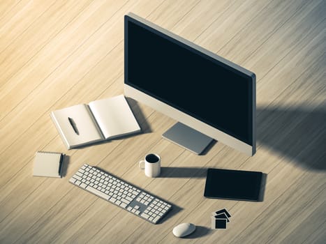 High angle view of a setting table of business workplace, shot in office, home work space