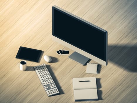 High angle view of a setting table of business workplace, shot in office, home work space