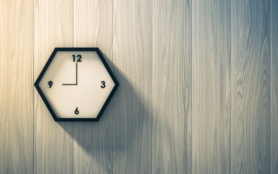 Black clock hanging on the wood wall , abstract background