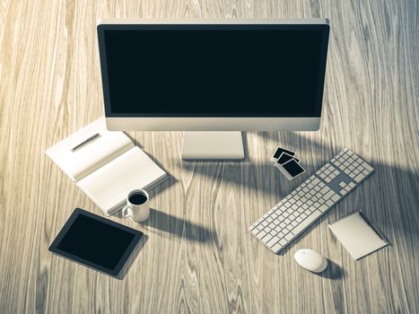 High angle view of a setting table of business workplace, shot in office, home work space