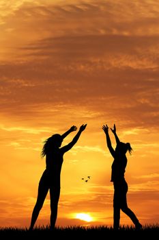 illustration of girls doing yoga silhouette at sunset