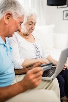 Smiling senior couple using laptop at home