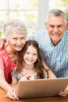 Portrait of smiling grandparents and granddaughter using laptop at home