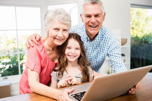 Portrait of smiling grandparents and granddaughter using laptop at home