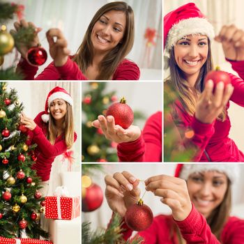 Collage of a happy beautiful young woman decorating Christmas tree with red ornament at home.