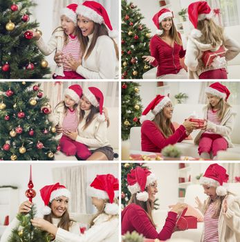 Collage of a beautiful cheerful little girl and her mother in home at Christmas.