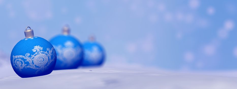 Blue Christmas balls by snowy winter day - 3D render