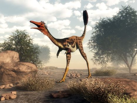 Mononykus dinosaur walking in the desert next to tamaris trees - 3D render