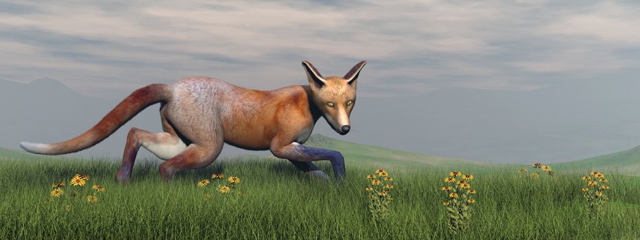 Fox walking in the grass with flowers by sunset - 3D render