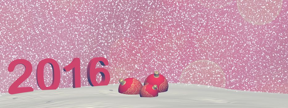 Happy new year 2016 in red background with snow - 3D render