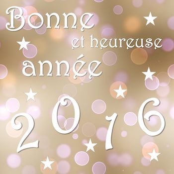 Happy new year 2016, french, in brown bokeh background with stars - 3D render