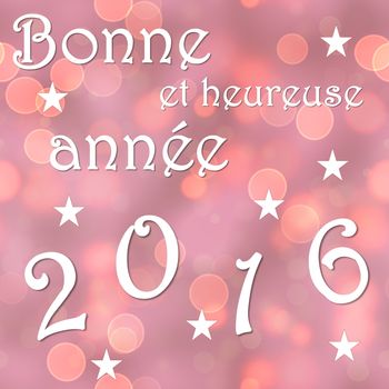 Happy new year 2016, french, in red bokeh background with stars - 3D render