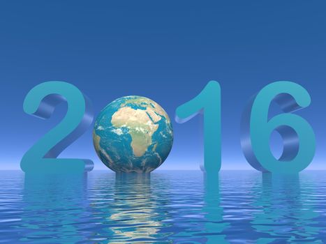 Happy new year 2016 with earth and water in blue background - 3D render