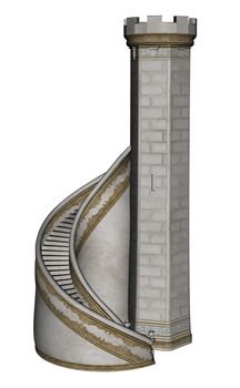 Castle tower and stairs isolated in white background - 3D render