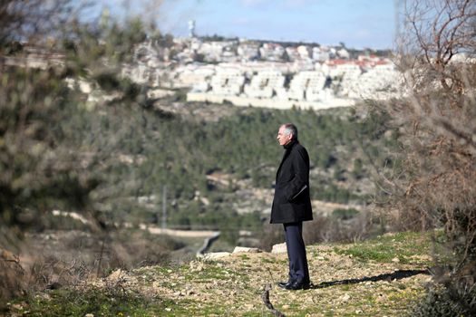 WEST BANK, Beit Jala:  French consul of Jerusalem Hervé Magro stands the Cremisan valley near Beit Jala, between West Bank and Israeli territory, on February 9, 2016 as Israel is about to make its largest land seizure in the West Bank since August 2014. He and a group of ambassadors and consuls from foreign countries attend a visit organized by Palestine liberation organization (PLO). Senior member of the central committee of Fatah, formerly named the Palestinian National Liberation Movement, Nabil Ali Muhammad Shaath and Palestinian Minister of Tourism, Rula Maayah also attend the visit.    	