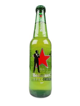 PULA, CROATIA - FEBRUARY 4, 2016: Heineken beer bottle with advertising for the James Bond movie Spectre.