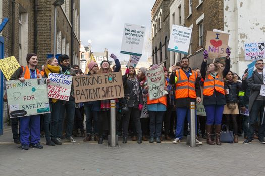 ENGLAND, London: Junior Doctors held a protest outside Royal London Hospital on February 10, 2016, in London. The strike claim's the doctors would be over-worked which would lead to patients being endangered.  