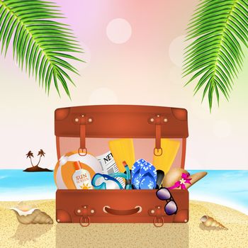 illustration of summer suitcase on the beach