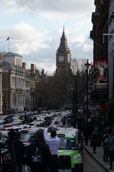 ENGLAND, London: Thousands of cab drivers block streets in London on February 10, 2016, during a protest against Uber.Since its introduction in Britain, drivers of the city's famous black cabs have argued Uber bypasses local licensing and safety laws and amounts to unfair competition. They have staged a number of high-profile protests, including go-slow demonstrations that have brought traffic in the center of London from Trafalgar Square to Victoria street.