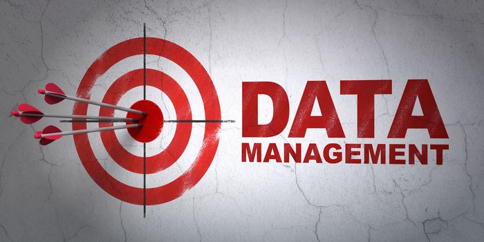 Success Information concept: arrows hitting the center of target, Red Data Management on wall background
