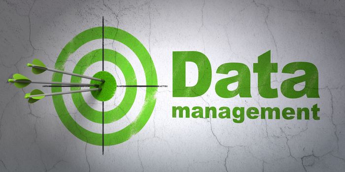 Success Information concept: arrows hitting the center of target, Green Data Management on wall background