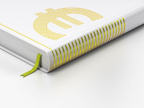 Currency concept: closed book with Gold Euro icon on floor, white background, 3d render