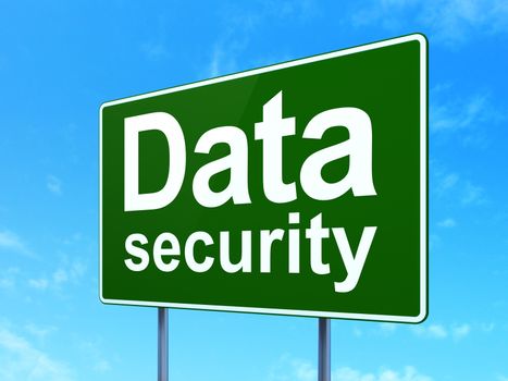 Protection concept: Data Security on green road highway sign, clear blue sky background, 3d render