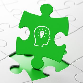 Advertising concept: Head With Lightbulb on Green puzzle pieces background, 3d render