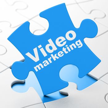 Advertising concept: Video Marketing on Blue puzzle pieces background, 3d render