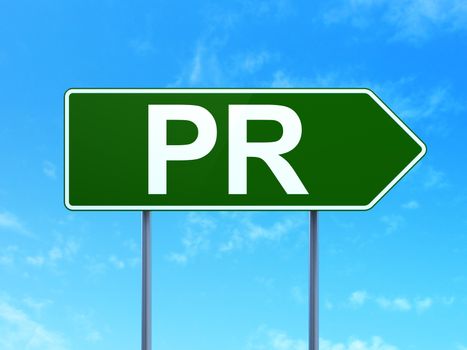Advertising concept: PR on green road highway sign, clear blue sky background, 3d render