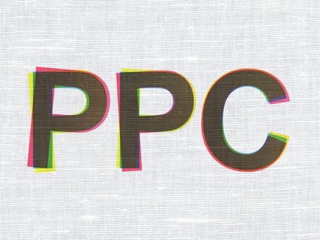 Marketing concept: CMYK PPC on linen fabric texture background