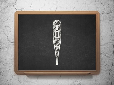 Health concept: Thermometer icon on Black chalkboard on grunge wall background
