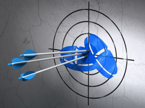 Success Medicine concept: arrows hitting the center of Blue Pills target on wall background