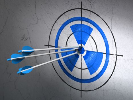 Success Science concept: arrows hitting the center of Blue Radiation target on wall background