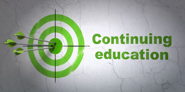 Success Learning concept: arrows hitting the center of target, Green Continuing Education on wall background