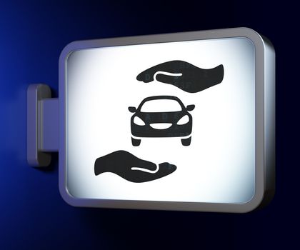 Insurance concept: Car And Palm on advertising billboard background, 3d render