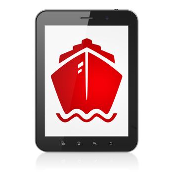 Tourism concept: Tablet Computer with  red Ship icon on display,  Tag Cloud background