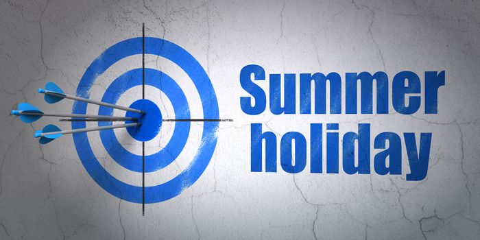 Success vacation concept: arrows hitting the center of target, Blue Summer Holiday on wall background