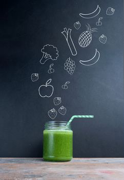 Fruit and vegetable smoothie with sketched ingredients appearing to fall into a beverage jar with a straw